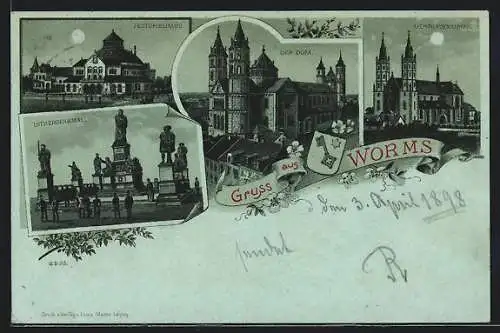 Mondschein-Lithographie Worms, Festspielhaus, Lutherdenkmal, Liebfrauenkirche