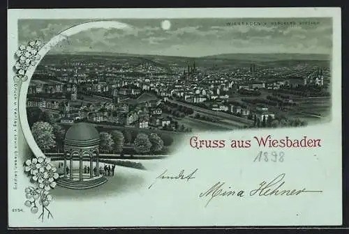 Mondschein-Lithographie Wiesbaden, Die Stadt vom Neroberg betrachtet