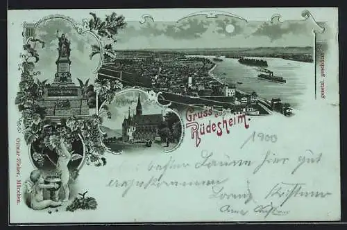 Mondschein-Lithographie Rüdesheim / Rhein, Rochuskapelle, Niederwalddenkmal, Panorama