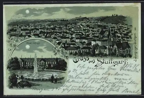 Mondschein-Lithographie Stuttgart, Neues Schloss, Panoramablick über die Stadt