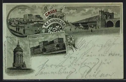 Mondschein-Lithographie Mannheim, Schloss, Wasserturm, Rheinbrücke, Hafen