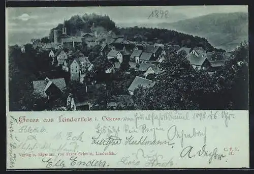 Mondschein-AK Lindenfels i. Odenw., Ortsansicht aus der Vogelschau