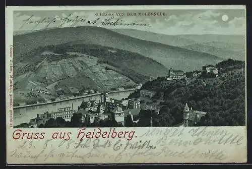 Mondschein-Lithographie Heidelberg, Schloss von der Molkencur