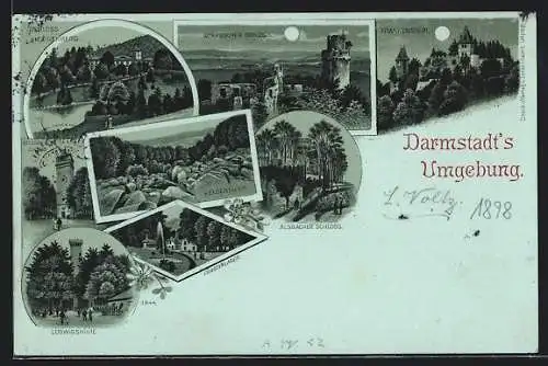 Mondschein-Lithographie Darmstadt, Fürstenlager, Ludwigshöhe, Alsbacher Schloss, Felsenmeer