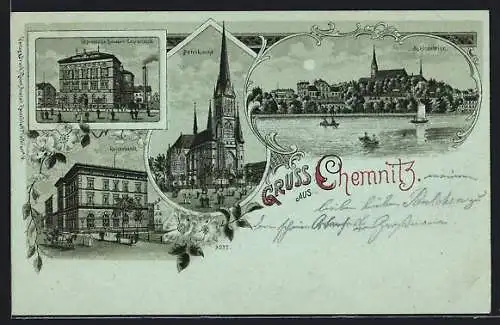 Mondschein-Lithographie Chemnitz, Reichsbank, Petrikirche, Öffentliche Handels-Lehranstalt
