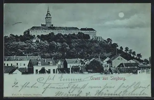 Mondschein-AK Siegburg, Abtei Michaelsberg und ein Teil des Ortes