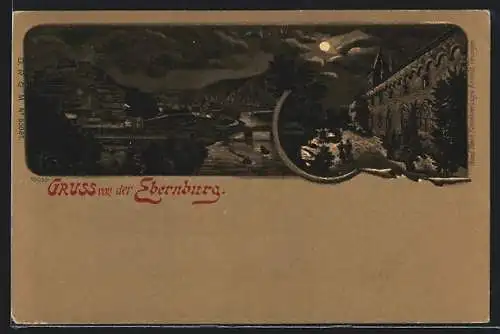 Mondschein-Lithographie Ebernburg, Schlosshof, Panoramablick auf Ort und Umgebung
