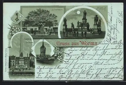 Mondschein-Lithographie Worms, Wasserthurm, Lutherbaum, Ludwig-Denkmal