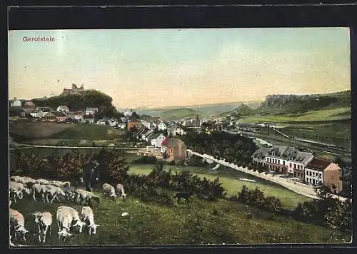 AK Gerolstein /Eifel, Hirte mit Hütehund und Schafsherde mit Blick auf die Stadt