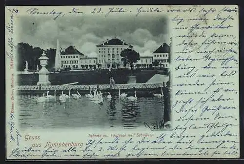 Mondschein-AK München-Nymphenburg, Schloss mit Fontaine und Schwänen