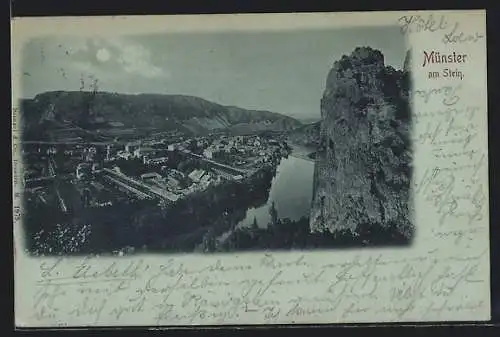 Mondschein-AK Münster am Stein, Ortsansicht vom Felsen aus