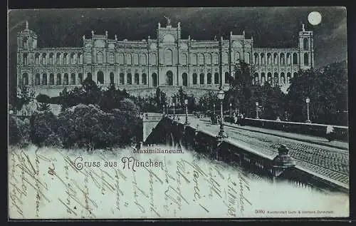 Mondschein-AK München, Brücke am Maximilianeum