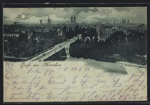 Mondschein-AK München, Ortsansicht mit Maximilianbrücke