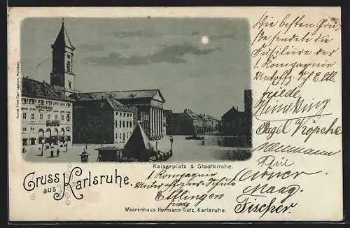 Mondschein-AK Karlsruhe, Kaiserplatz mit Stadtkirche