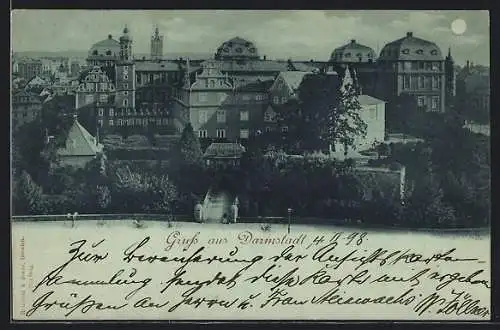 Mondschein-AK Darmstadt, Innenansicht mit Rathaus