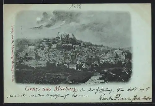 Mondschein-AK Marburg, Ortsansicht mit Blick zur Kirche