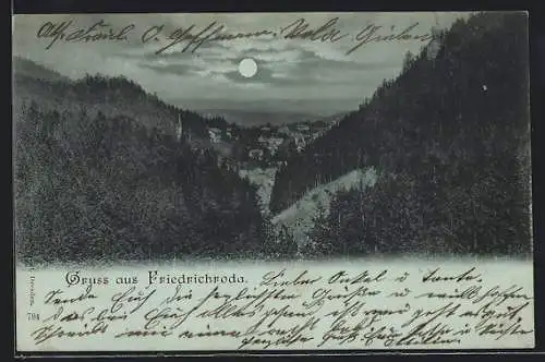 Mondschein-AK Friedrichroda, Blick auf den Ort