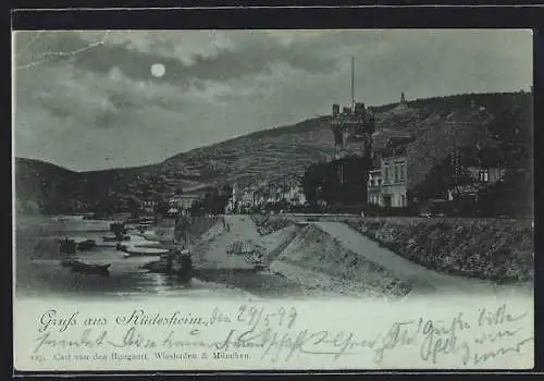 Mondschein-AK Rüdesheim / Rhein, Ortspartie mit altem Turm