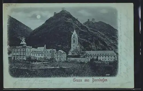 Mondschein-AK Bornhofen, Ortsansicht mit Kirche