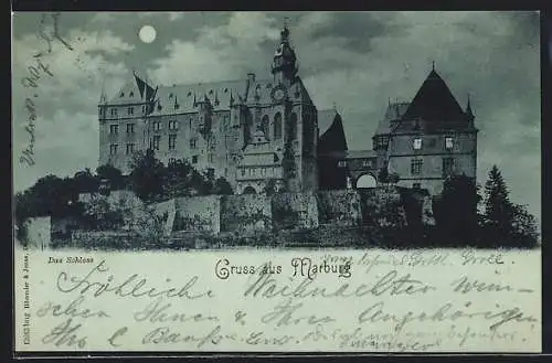 Mondschein-AK Marburg, Blick auf das Schloss