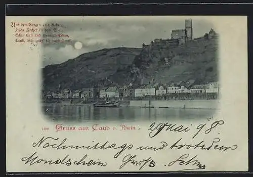 Mondschein-AK Caub a. Rhein, Dampfer an der Anlegestelle, Burg