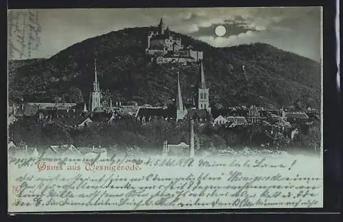 Mondschein-AK Wernigerode, Ortsansicht mit Blick zum Schloss