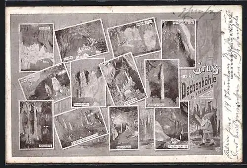 AK Dechenhöhle bei Iserlohn, Orgelgrotte, Krystallgrotte, Zwerg mit Lampe
