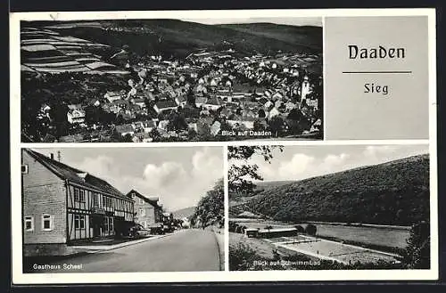 AK Daaden / Sieg, Ortsansicht aus der Vogelschau, Blick auf Schwimmbad und Gasthaus Scheel