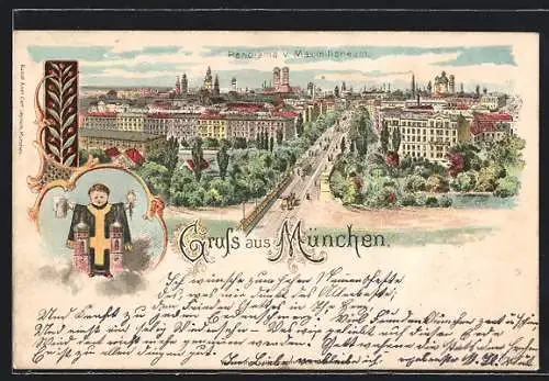 Lithographie München, Panorama v. Maximilianeum., Maximilianbrücke
