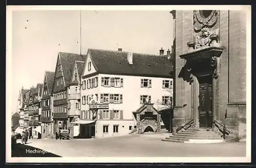 AK Hechingen, Strassenpartie mit Kirchenportal und Cafe Röcker