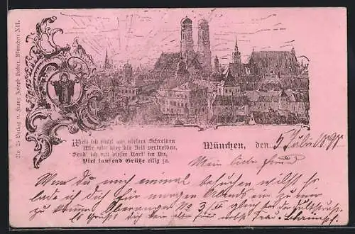 Lithographie München, Teilansicht mit Frauenkirche, Private Stadtpost