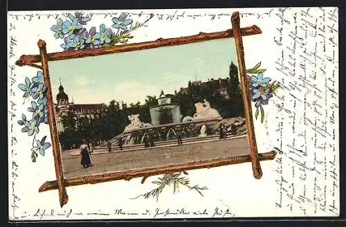 AK München, Maximiliansplatz mit Wittelsbacher Brunnen, Passepartout