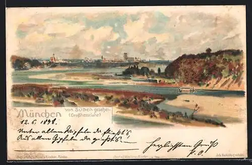 Lithographie Grosshesselohe, Panorama an der Isar