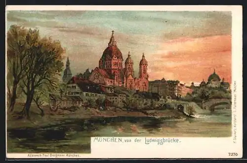 Lithographie München, Teilansicht mit Kirche von der Ludwigsbrücke aus