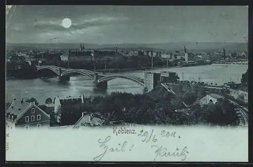 Mondschein-AK Koblenz, Teilansicht mit Brücke