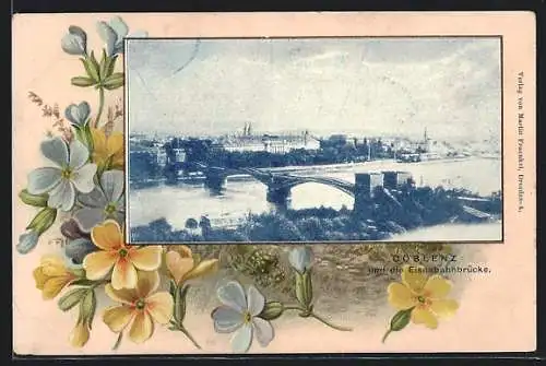 AK Coblenz, Teilansicht mit Eisenbahnbrücke, Blumen, Passepartout