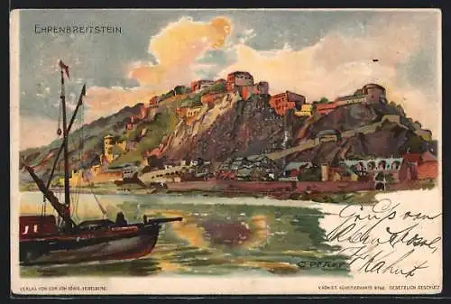 Künstler-AK C. Pfaff: Ehrenbreitstein, Blick zur Festung