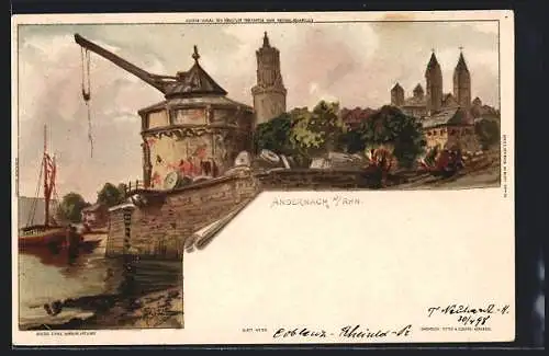 Künstler-AK Carl Biese: Andernach a. Rh., Partie am Hafen mit Kirche