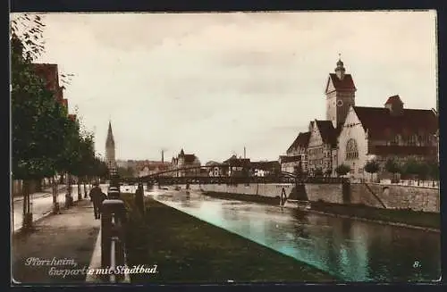 AK Pforzheim, Enzpartie mit Stadtbad, Brücke