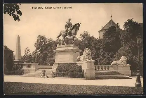 AK Stuttgart, Kaiser Wilhelm-Denkmal mit Löwenstatuen