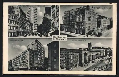 AK Stuttgart, Hochbauten mit Strassenbahn