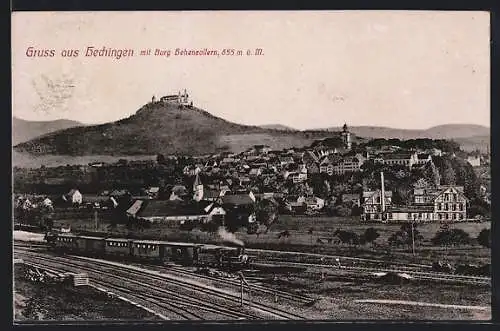 AK Hechingen, Ortsansicht mit Eisenbahn vom Schrofen aus