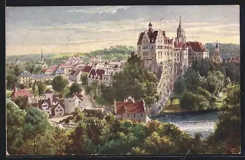 Künstler-AK Sigmaringen, Totalansicht mit Burgberg