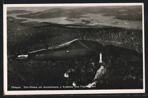 AK Ebingen, Schlossfelsen mit Aussichtsturm u. Waldheim, Fliegeraufnahme