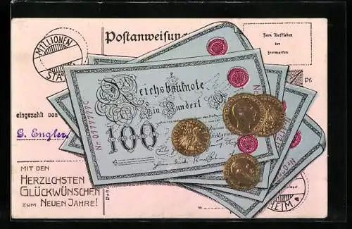 AK Neujahrsgrüsse mit Reichsbanknote 100 Mark und Münzen