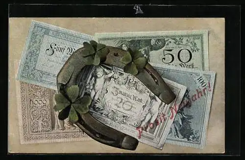 AK Geldscheine, Hufeisen und Kleeblätter