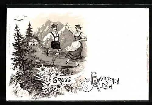 AK Bergen, Pärchen beim Tanz auf der Wiese, Edelweiss, Tannen