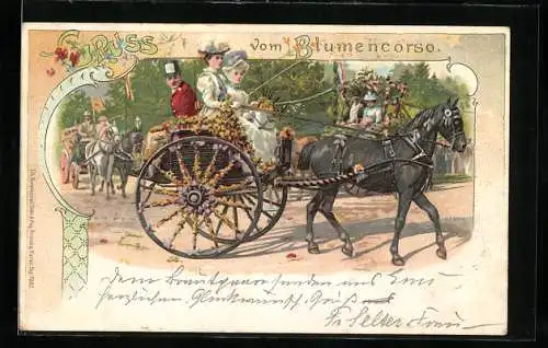AK Zwei Frauen in Kleid mit Hut sitzen auf einer Pferdekutsche die mit bunten Blumen geschmückt ist