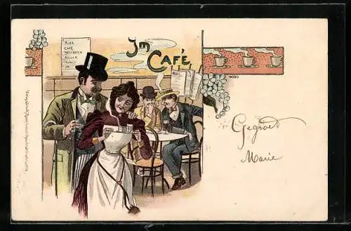 Lithographie Szene mit Kellnerin im Café