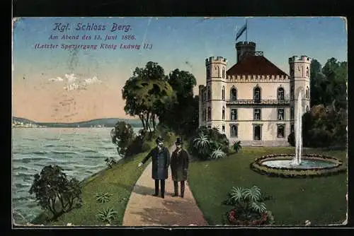 AK Berg, Spaziergang König Ludwig II. am kgl Schloss 1886